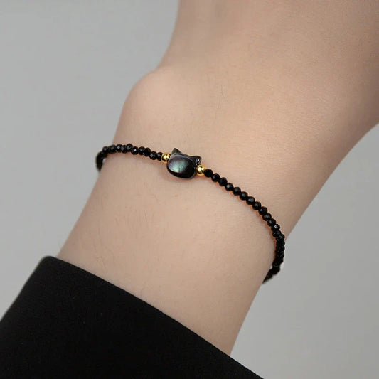 Bracelet vintage en argent sterling 925 avec cristaux noirs ronds, chaîne de chat mignonne, pour femmes, bijoux de fête, cadeaux
