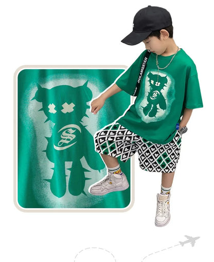 Summer Boys Cotton Short-Sleeved T-shirt Tops+Drawstring Shorts Pant School Kids 2PCS Tracksuit Child Outfit Workout Set 3-14 Yr