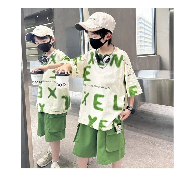 New Fashion Tween Boys Summer Sets Clothing Kids Cotton T-shirt Shorts 2 Pieces Tracksuit Age 5 6 7 8 9 10 11 12 13 14 Years Old