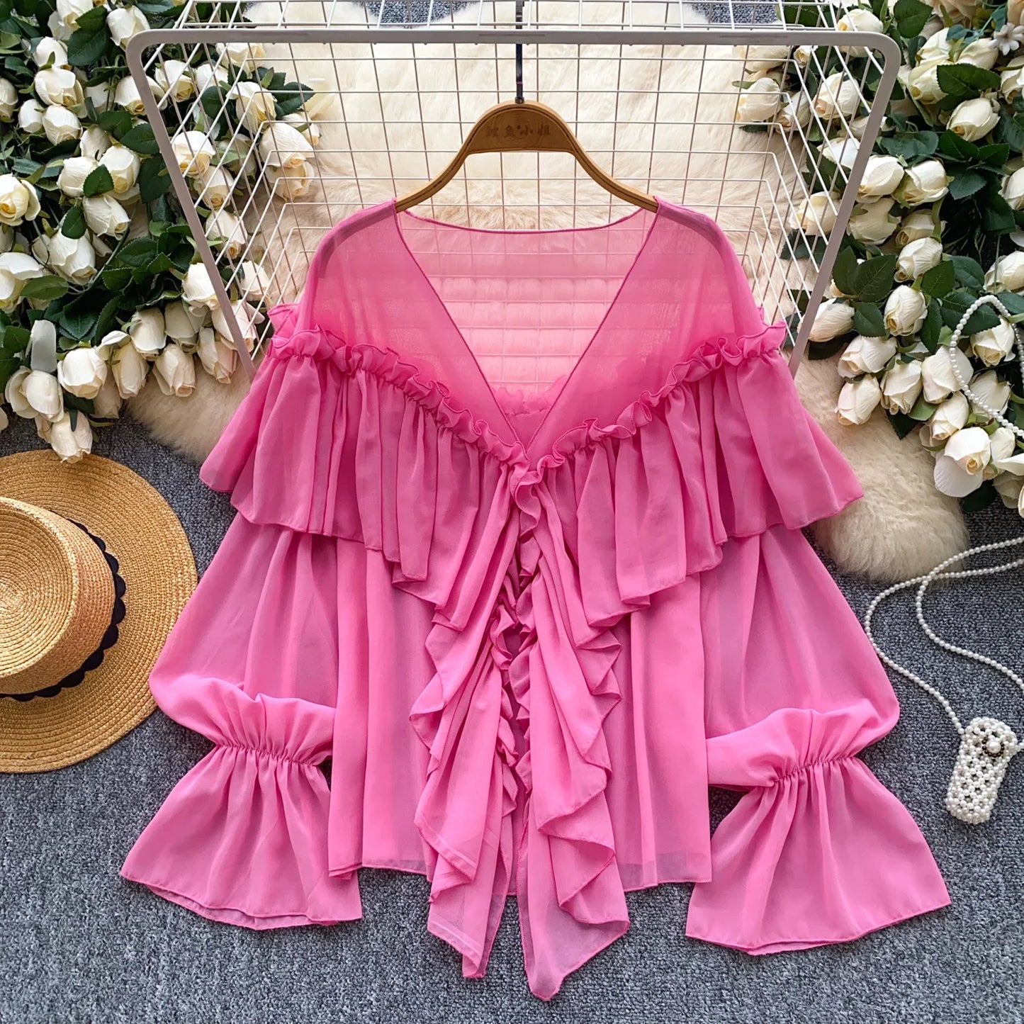 Chic Ruffles Splice Chiffon Blouse V Neck Flared Sleeve Loose Tops 2025 Fashion Solid Fairycore Vacation Women Shirt
