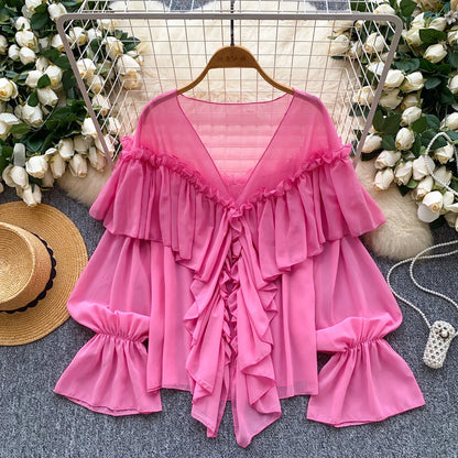 Chic Ruffles Splice Chiffon Blouse V Neck Flared Sleeve Loose Tops 2025 Fashion Solid Fairycore Vacation Women Shirt