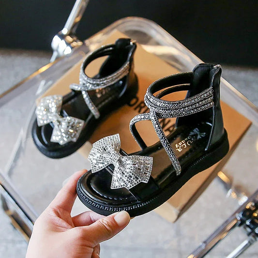Girls' Shiny Cool Rhinestone Bowknot Children's Sandals 2023 Summer Open-toe Versatile Kids Fashion Back Zipper Casual Shoes New