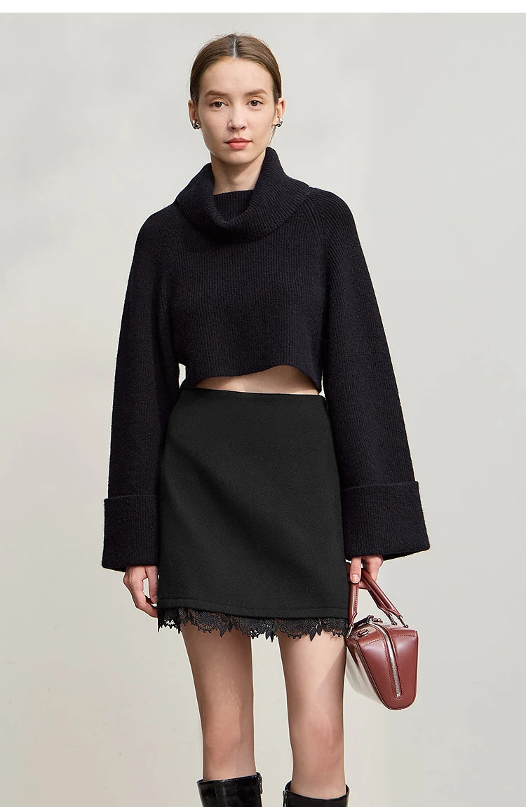 Minimalist Mini Skirt 2025 Winter New Short Wool Warm Skirts For Women Patchwork Lace Casual Solid Clothing Ladies 12544125