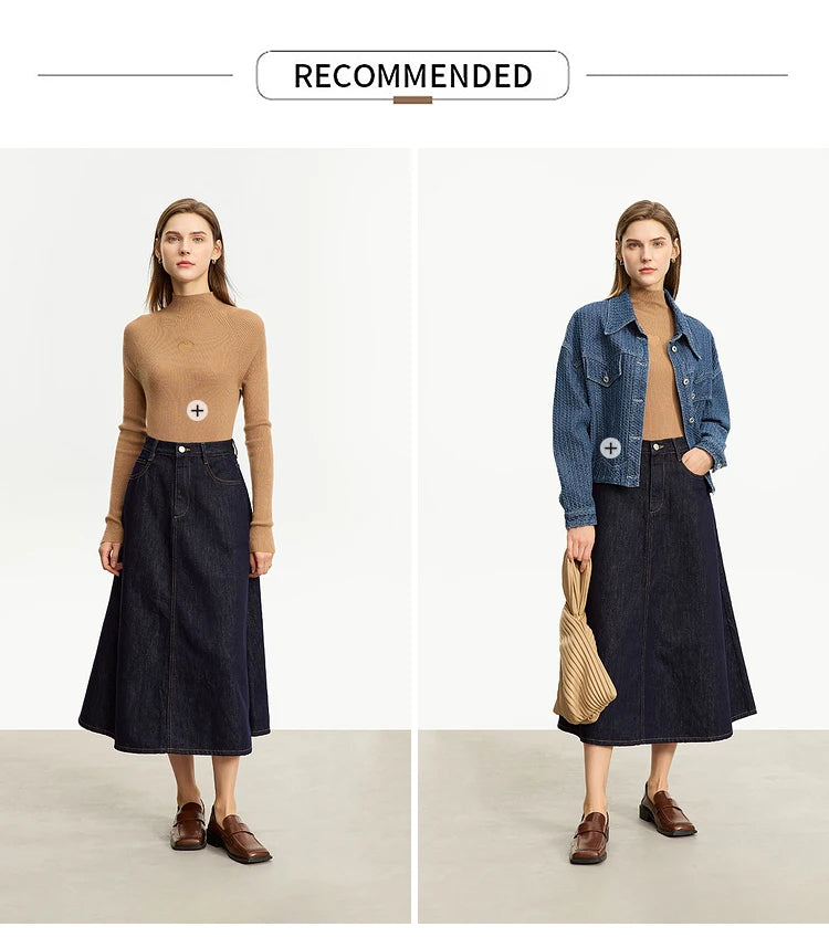 Minimalist Women Denim Skirt 2025 Autumn New French Retro Loose Basics Casual A-line Office Lady Cotton Midi Skirt 12343070