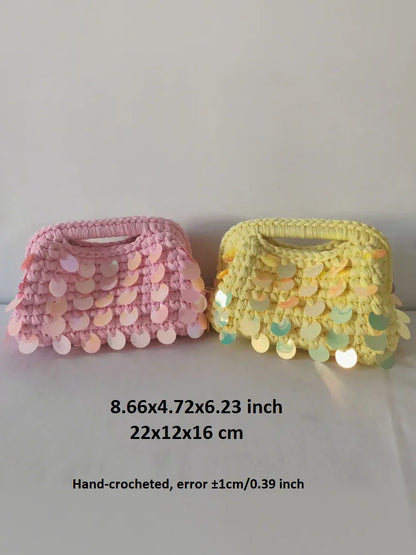 Yingzi Small Sequin Crochet Cluth Bag with Shine Paillettes Handmade Evening Bag Makeup Bag