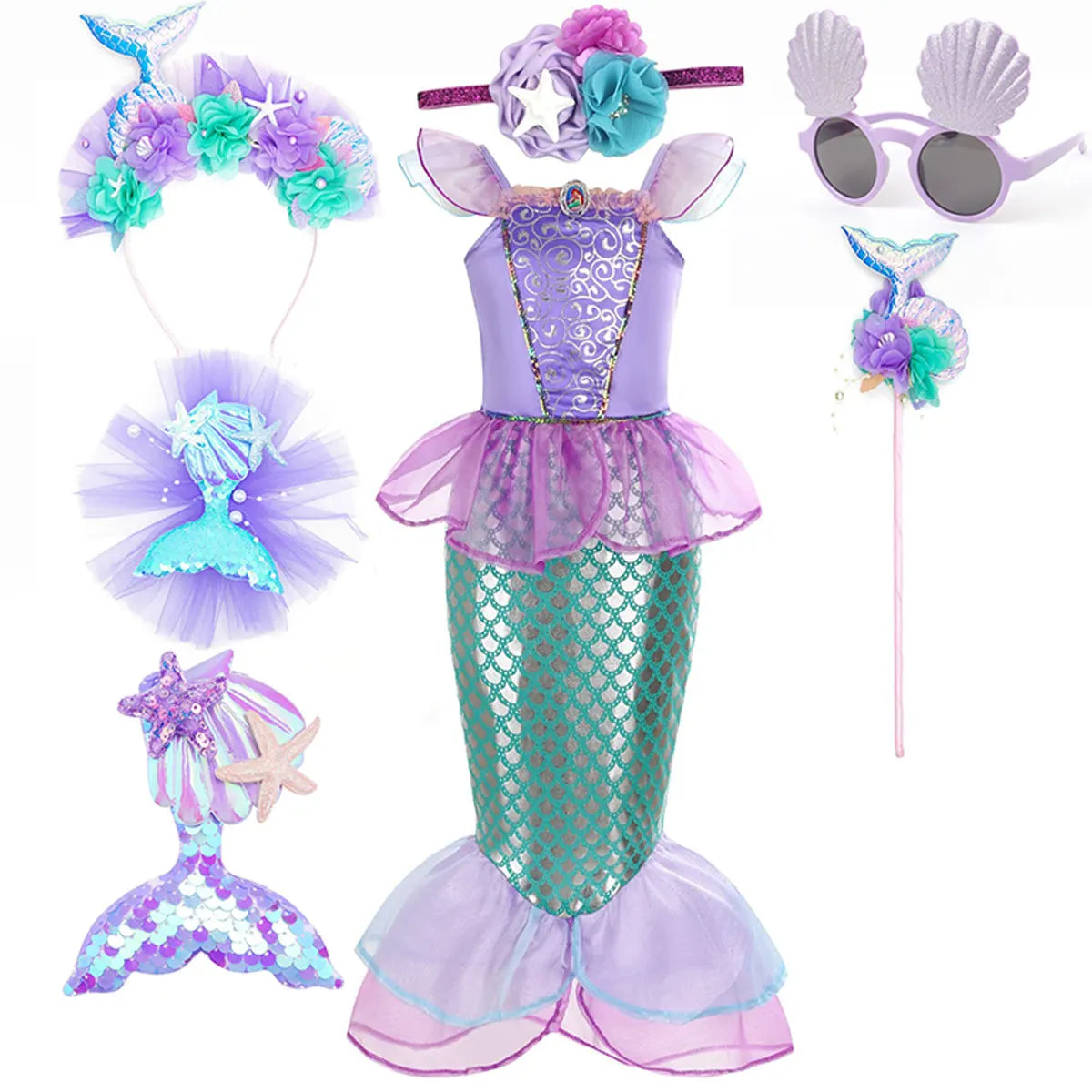 Halloween Little Mermaid Ariel Princess Costume Summer Purple Dress Girls Cosplay Mermaid Carnival Birthday Party Swimsuit Set