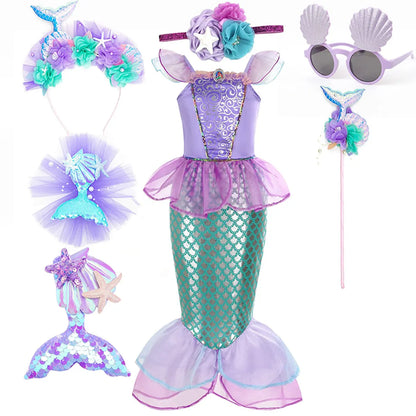 Halloween Little Mermaid Ariel Princess Costume Summer Purple Dress Girls Cosplay Mermaid Carnival Birthday Party Swimsuit Set