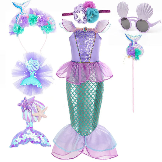 Halloween Little Mermaid Ariel Princess Costume Summer Purple Dress Girls Cosplay Mermaid Carnival Birthday Party Swimsuit Set