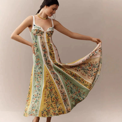 Fashion Elegant Women Sleeveless Party Dresses Casual Deep V Neck Maxi Dress Summer Backless High Waist Print Dress Vestidos