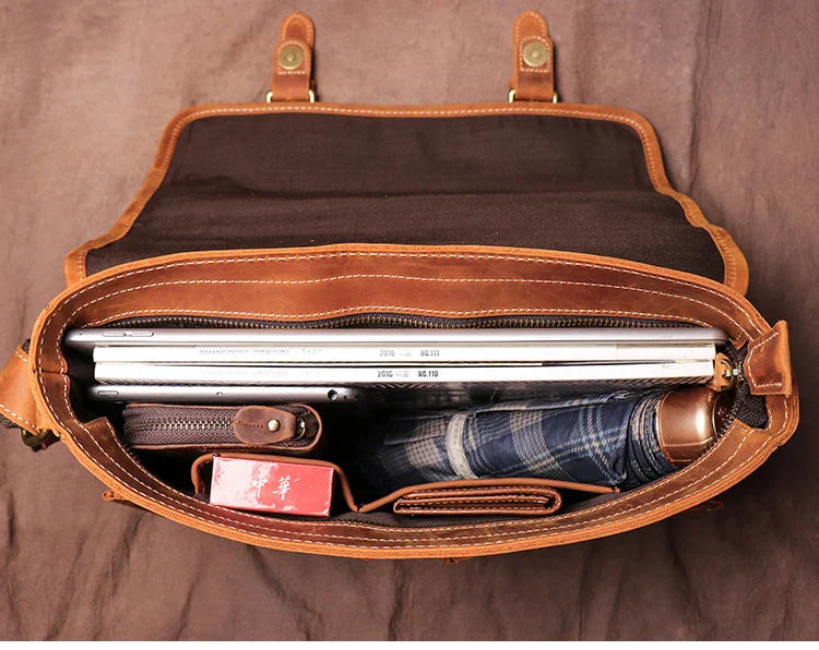 Vintage Crazy Horse Leather Messenger Bag Men's Genuine Luxury Sling Shoulder Bag Office Briefcase Crossbody 12.9 Inch Ipad