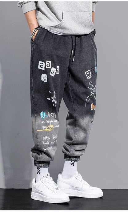Printing Jeans Men's Gradient Hip Hop Trousers Harem Cartoon Loose Casual Ankle Banded Pants Cargo Denim Jeans Fashion