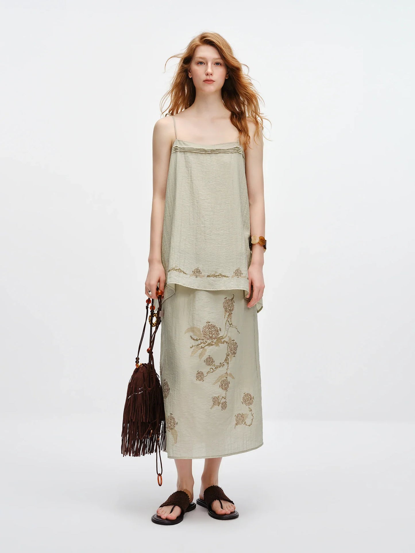 Vintage Printed Camis Midi Skirt Set Square Neck Sleeveless Summer Elastic Waist Outfit Silk Office Daily