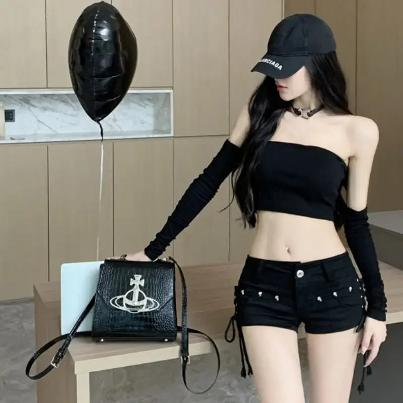 Korean Low Rise Denim Shorts 2024 - Riveted Lace Up Bodycon Black Hot Pants Vintage Cheeky Booty Summer TikTok Y2K Outfit