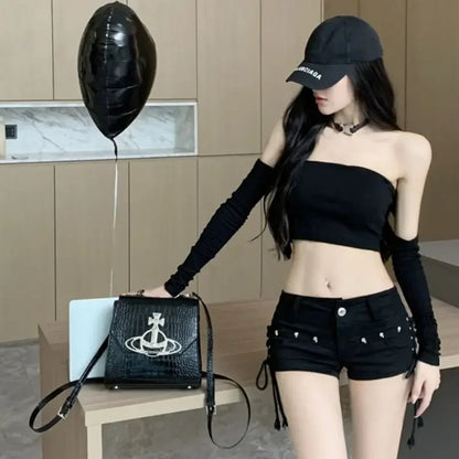 Korean Low Rise Denim Shorts 2024 - Riveted Lace Up Bodycon Black Hot Pants Vintage Cheeky Booty Summer TikTok Y2K Outfit