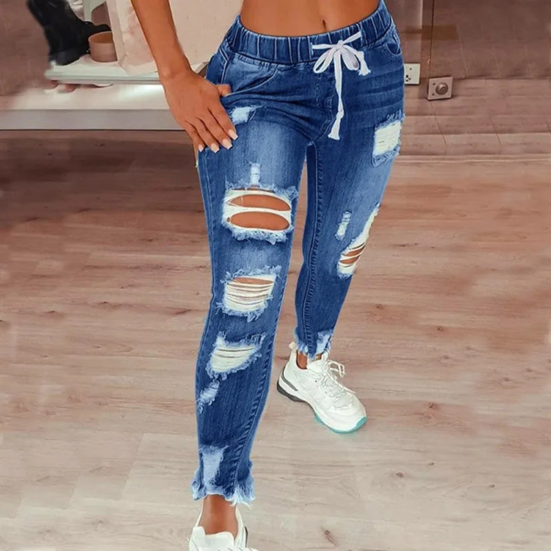 Women's S-5XL Size Tight Waist Jeans Women's Mid Waist Lace up Slim Fit Elastic Feet Pants Perforated Denim Pants