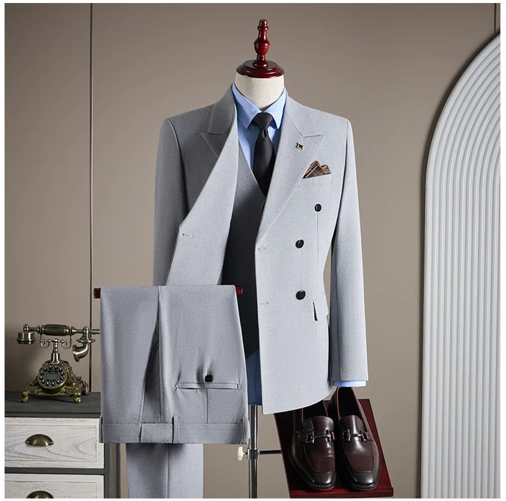 High-quality Groom Wedding Suit, Fashionable and Stylish Dress, Men's Business Double-Breasted Suit Set, Men's Three-Piece Set