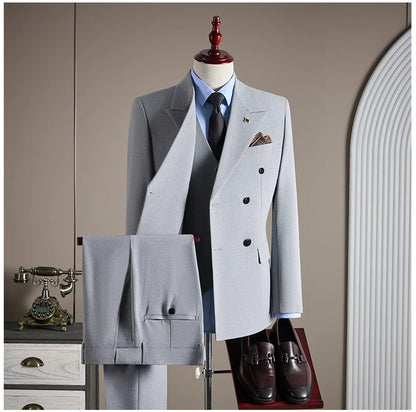 High-quality Groom Wedding Suit, Fashionable and Stylish Dress, Men's Business Double-Breasted Suit Set, Men's Three-Piece Set