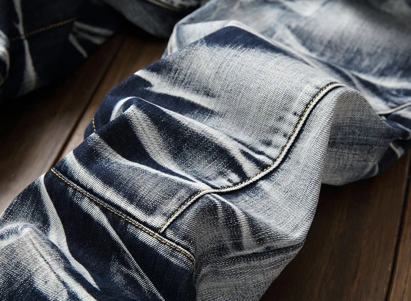 2026 Men's Fashion Vintage Jeans Slim Straight Leg Tie Dye Pleated Biker Denim Pants Male Casual Pants Oversized 42 High Quality