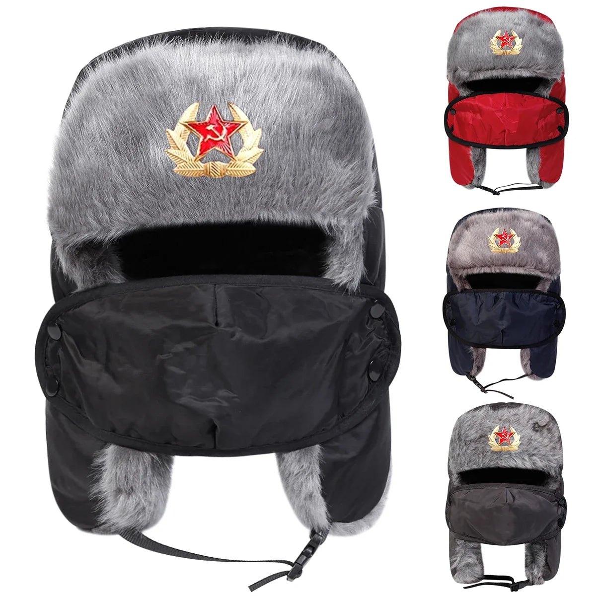 Unisex Five Pointed Star Badge Lei Feng Hat Winter Earflap Hat Keep Warm Ski Hat Bomber Hat for Outdoor Riding Snow Activities