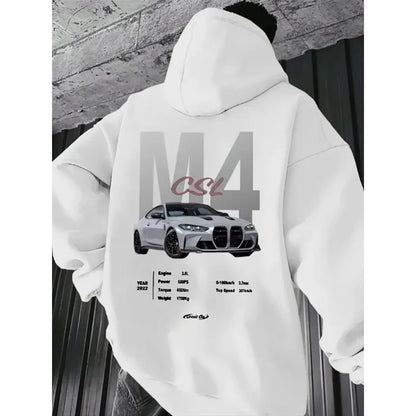 Popular digital pattern men's hooded sweatshirt with car-themed design, American-style casual sports long-sleeved shirt