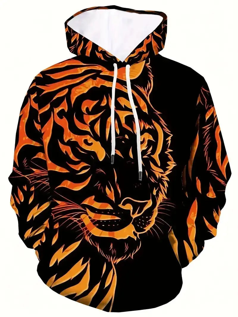 Men's 3D Tiger Graphic Hoodie, Active Slightly Stretch Breathable Hooded Sweatshirt For Outdoor 2023 Autumn and Spring Fashion