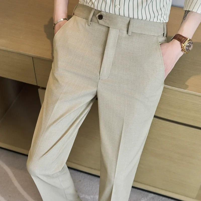 British Style Elastic Waist Men's Casual Slim Fit Trousers Summer High Quality Business Office Dress Wedding Party Suit Pants