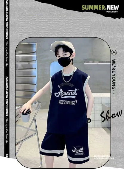 Summer Boys Quick-dry Alphabet Sleeveless Tee Top+Shorts Sportswear Set School Kids 2PCS Tracksuit Children Jersey Outfit 5-16Yr