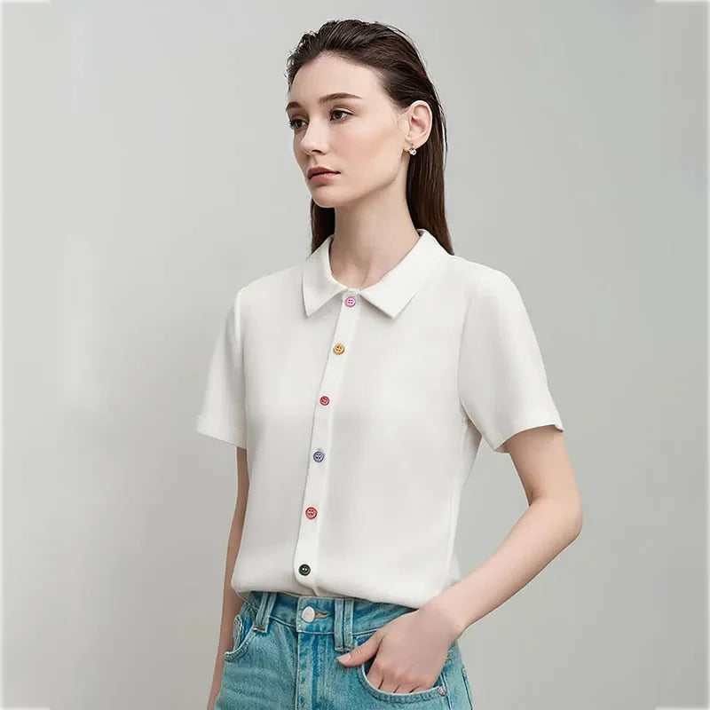 Women's T-Shirt 2026 Summer Lapel Collar Casual Short Sleeve Tee Color Block Button Slim Versatile T Shirts Woman 12652001