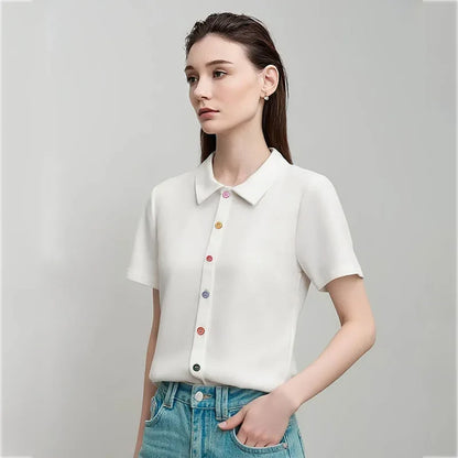 Women's T-Shirt 2026 Summer Lapel Collar Casual Short Sleeve Tee Color Block Button Slim Versatile T Shirts Woman 12652001
