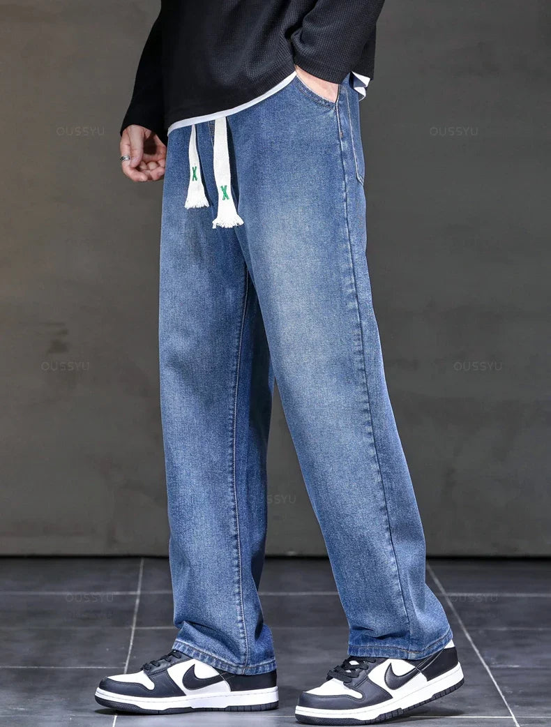 2025 New Autumn Winter Jeans Men Loose Straight Drawstring Elastic Waist Casual Denim Trousers Male Thick Pants Large Size M-5XL