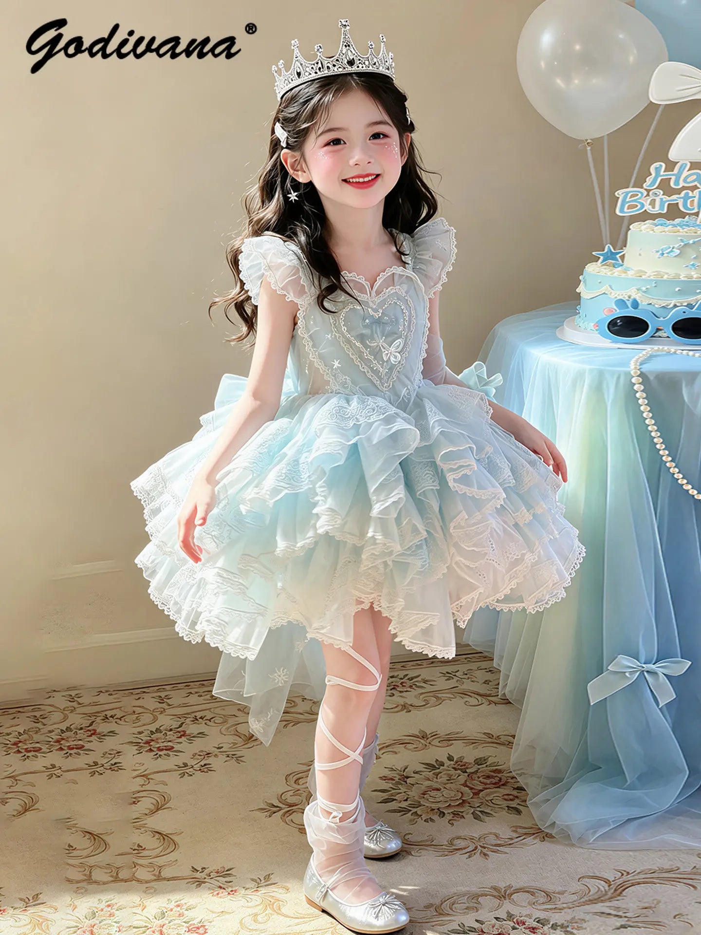 Baby Girls Sweet Sleeveless Lolita Princess Dress New 2026 Summer Childrens Elegant Lace Trim Tulle Bow Train Performance Gown