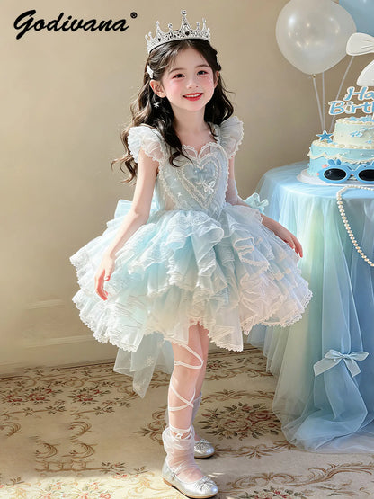 Baby Girls Sweet Sleeveless Lolita Princess Dress New 2026 Summer Childrens Elegant Lace Trim Tulle Bow Train Performance Gown