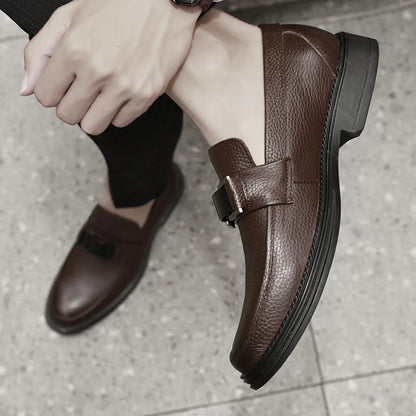 Men's Solid -Color Casual Loafers For Autumn And Winter Comfortable Soft -Soled Business Office Shoe And Metal Buckle Lazy Shoes