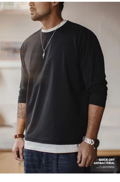 Casual 7A Anti-Bacterial Quick-Dry Long Sleeve T-Shirt Men's Spring Cool Comfort Breathable Tops Round Neck Layering Tee