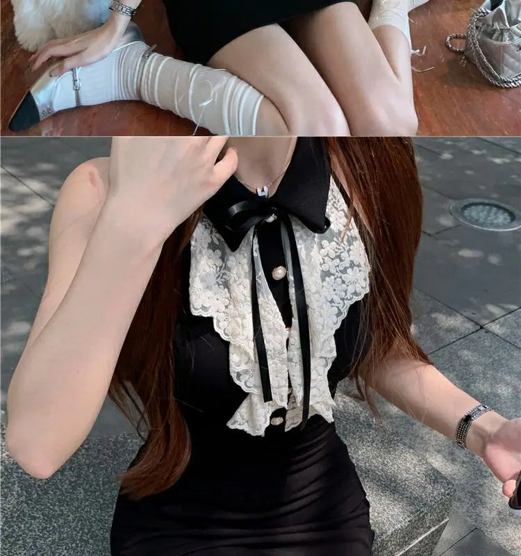 Hotsweet Y2k Dress Women Lace Splicing Bow Halter Waist Slim Fit Hip Mini Dresses Fashion Birthday Party Vestido Summer