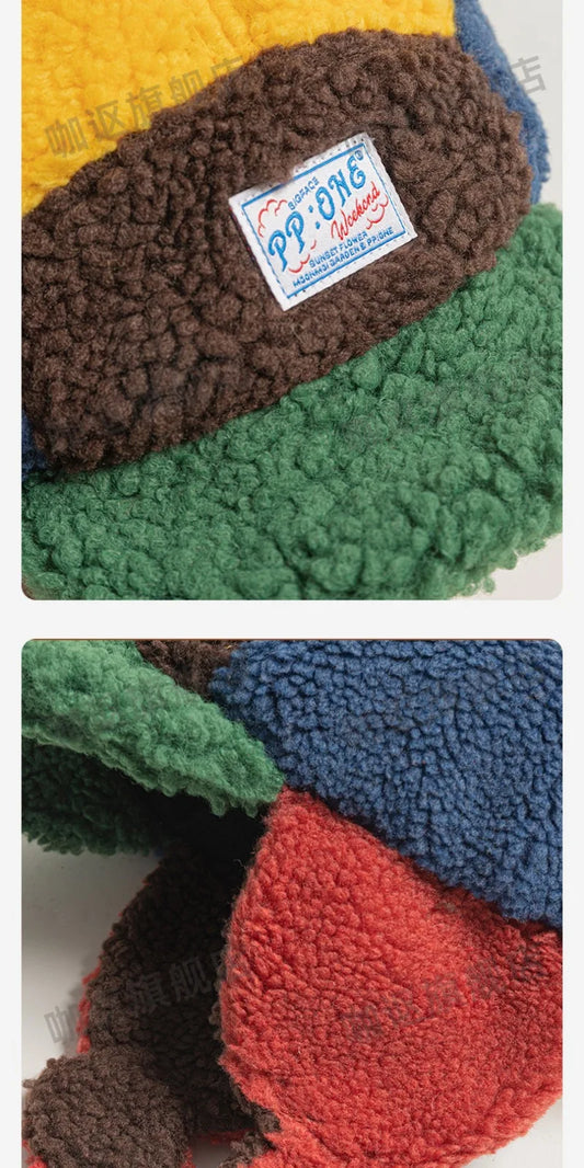 Winter Thickened Plush Ear Protection Bomber Hats for Men and Women Outdoor Riding Warm Retro Contrasting Color Pilot Caps