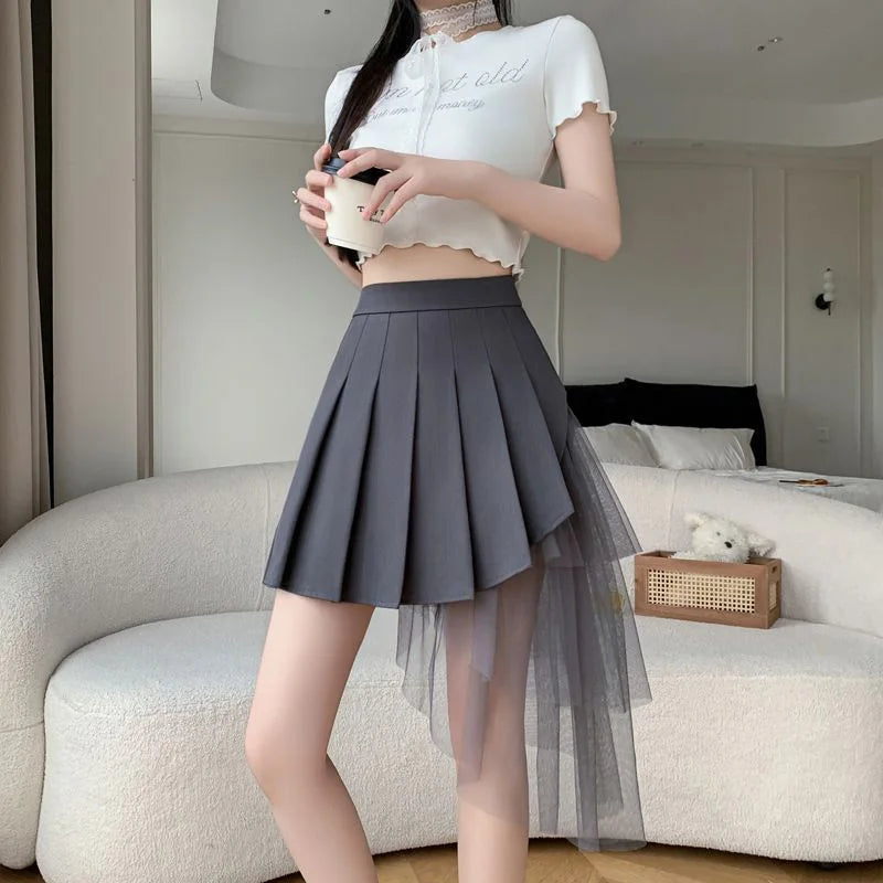 Mesh Patchwork Pleated Skirts Women High Waist Fashion Slim Sexy Mini Skirt Korean Sweet Preppy Style Spring Summer A Line Skirt