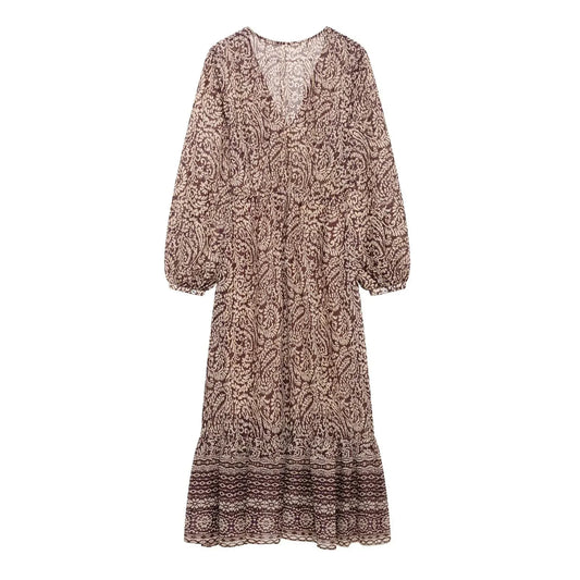 2025 Spring New Product Women's Stacked Decorative Printed V-neck Midi Dress Fashion Retro Pattern Printed Skirt