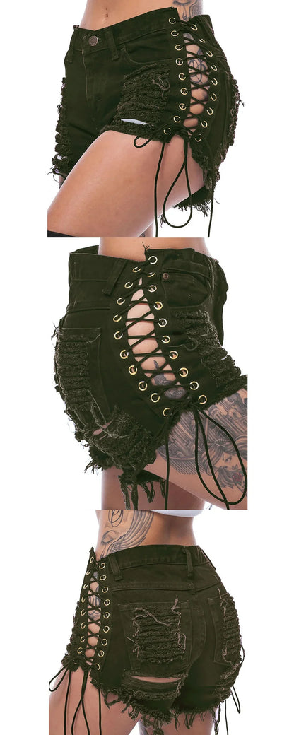 Sexy Ripped Tassel Jeans Streetwear High Waist Straight Denim Shorts 2025 Summer New Women Lace-Up Hole Hollow Out Jean Shorts