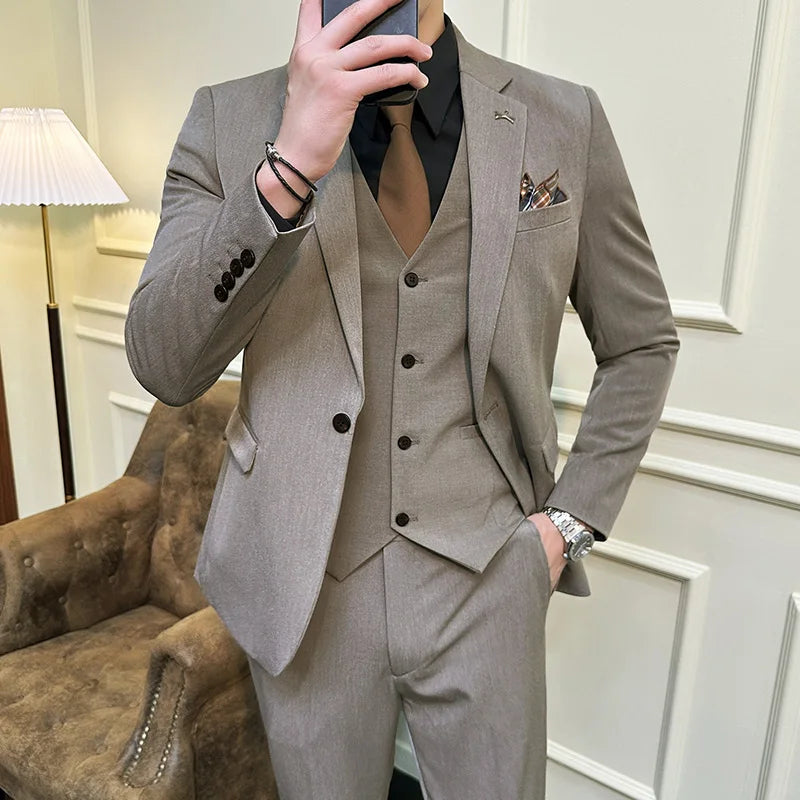 S-7XL Jacket Vest Pants Luxury Elasticity Boutique Fashion Men's Solid Color Casual Business Suit 3-piece Sets Groom Wedding