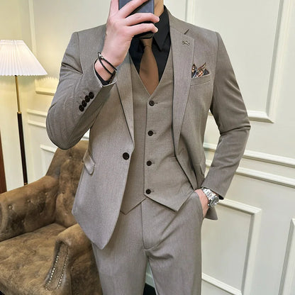 S-7XL Jacket Vest Pants Luxury Elasticity Boutique Fashion Men's Solid Color Casual Business Suit 3-piece Sets Groom Wedding