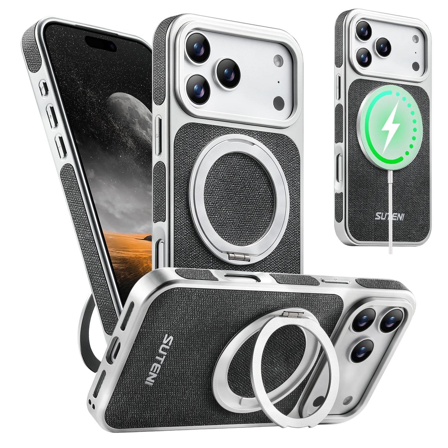 Faux Leather Magnet Wireless Charging Phone Case 360° Rotating Stand Ring Buckle Frosted Feel For iPhone 17 Pro Max 16 15