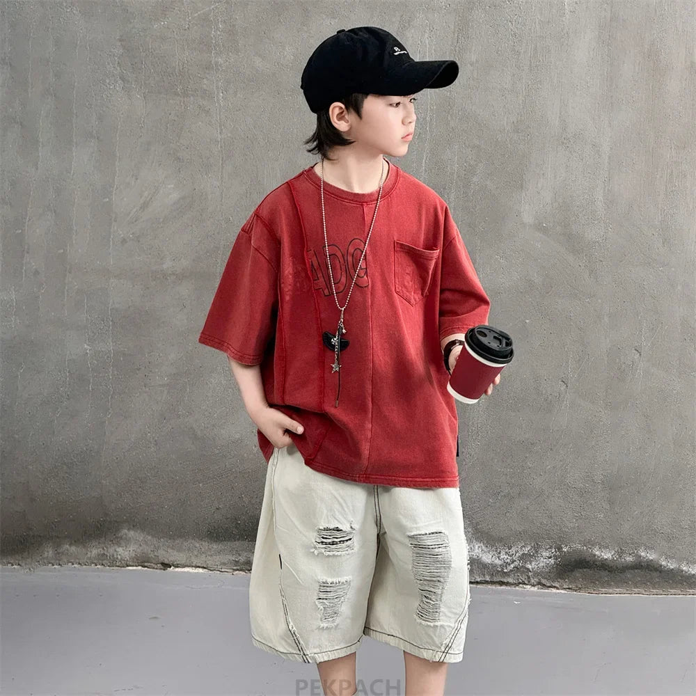 Cool Style Teenager Summer Set T-shirt And Ripped Denim Shorts Clothing Set for Kids Boy Age 7 To 14 Years Children Clothes Suit