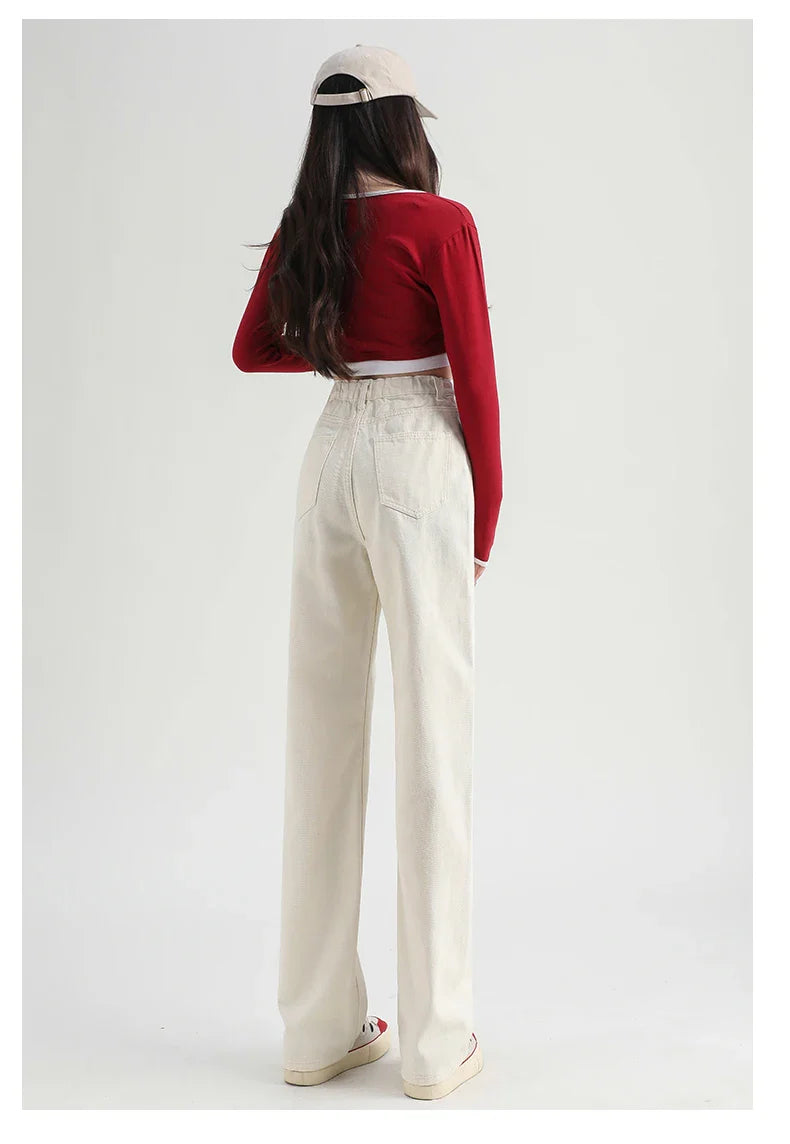 Woman Jeans Elastic High Waist Wide Leg Cotton Denim Clothing Blue White Streetwear Vintage Fashion Harajuku Straight Pants
