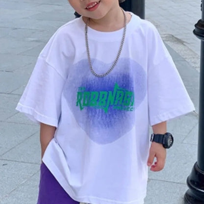 Cotton Heart Print Boys Short Sleeve T-Shirt Summer Toddler Loose Fit Baby Handsome 3-6 Years Top