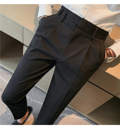 Autumn Winter High Quality Solid Casual Pants Men Belt Design Slim Fit Trousers Formal Office Business Social Party Suit Pants