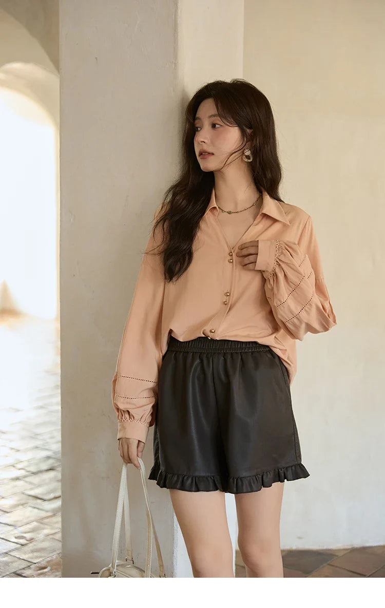 Women's Shirt Lantern Sleeve Hollow Out Tops 2025 Autumn Single Breasted Solid Shirts Lapel Shirt Office Lady MXE41C2359