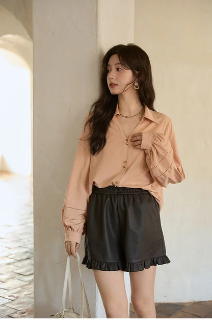 Women's Shirt Lantern Sleeve Hollow Out Tops 2025 Autumn Single Breasted Solid Shirts Lapel Shirt Office Lady MXE41C2359