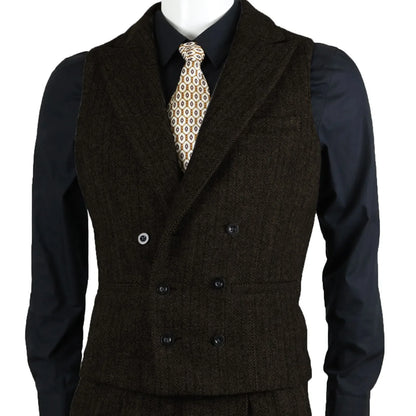 Men Suit Vest Brown Herringbone Tweed Slim Fit Waistcoat Double Breasted Sleeveless Jacket For Wedding Party Prom Suit Vests