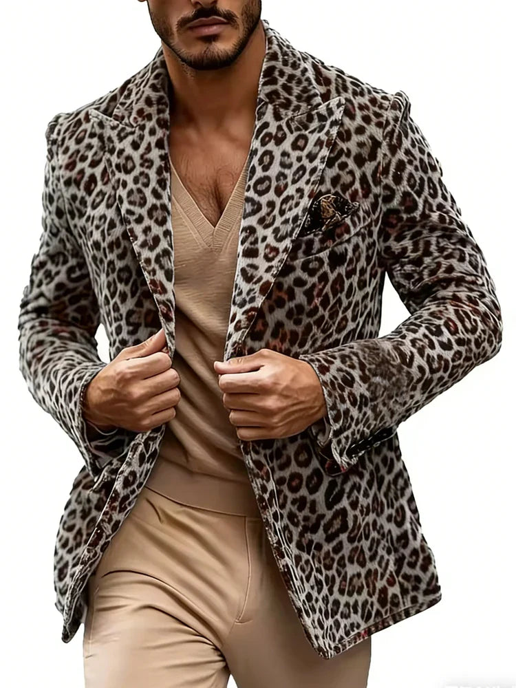 Men's Leopard Print Blazer Single Breasted Slim Fit Tuxedo Jacket Notch Lapel Fashion Party Prom Outerwear